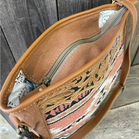 Myra Bag Boho Tooled Leather & Canvas Shoulder Bag New - Picture 7 of 9